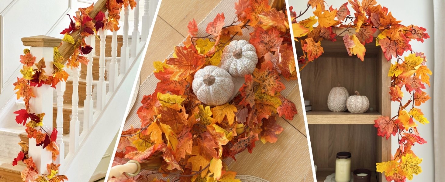 Artificial maple leaf garland draped on a staircase railing, table runner, and bookshelf
