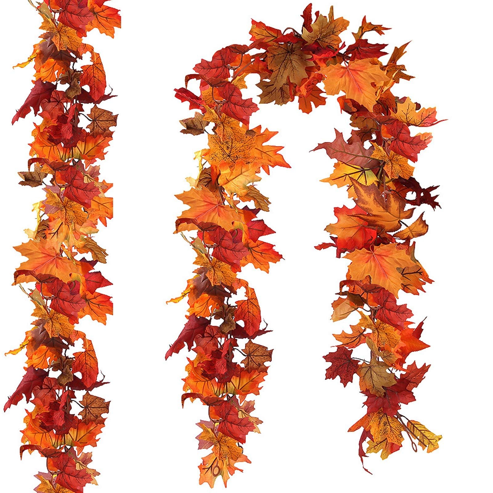 Two strands of artificial maple leaf garland in autumn colors against a white background.