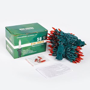 Two packs of orange mini string lights with green wire and plug, next to a green box and instructions.