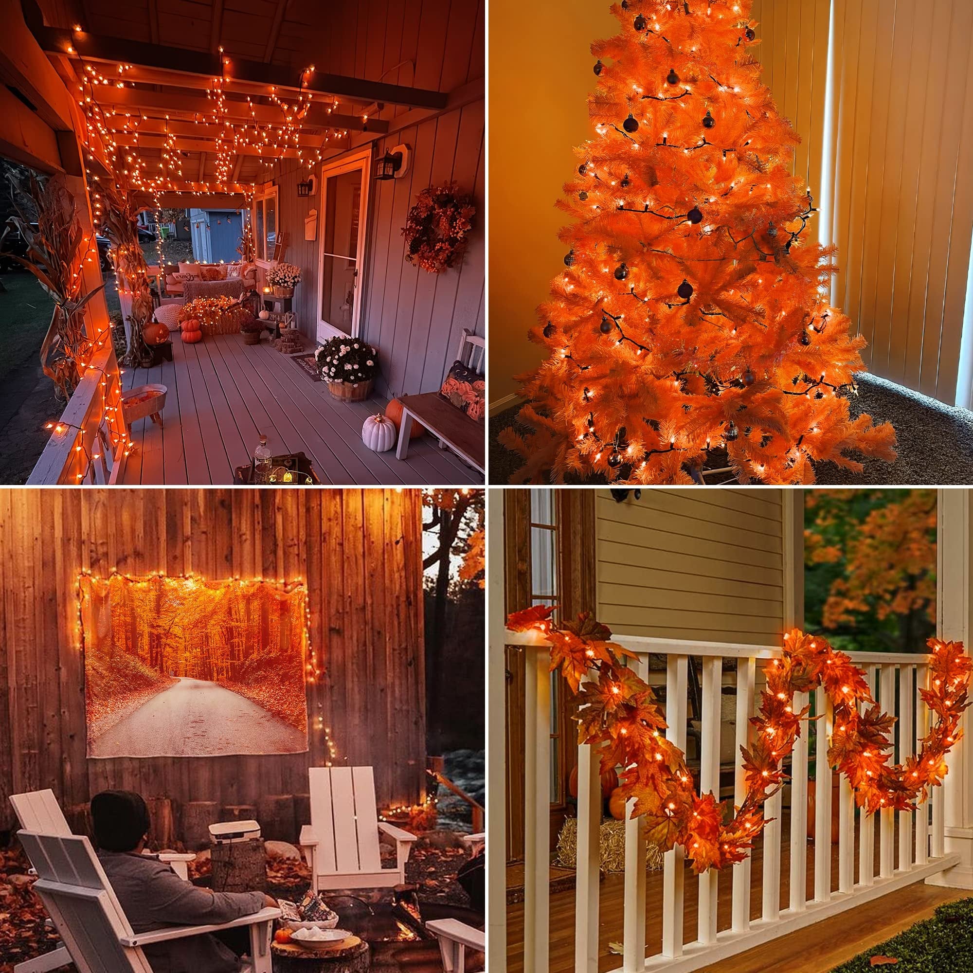 Collage of four scenes decorated with orange string lights and fall decor. Top left: porch with lights draped on ceiling and railing. Top right: orange Christmas tree with lights. Bottom left: person sitting in chairs by a fire pit with lights on a wooden wall. Bottom right: string lights woven thro