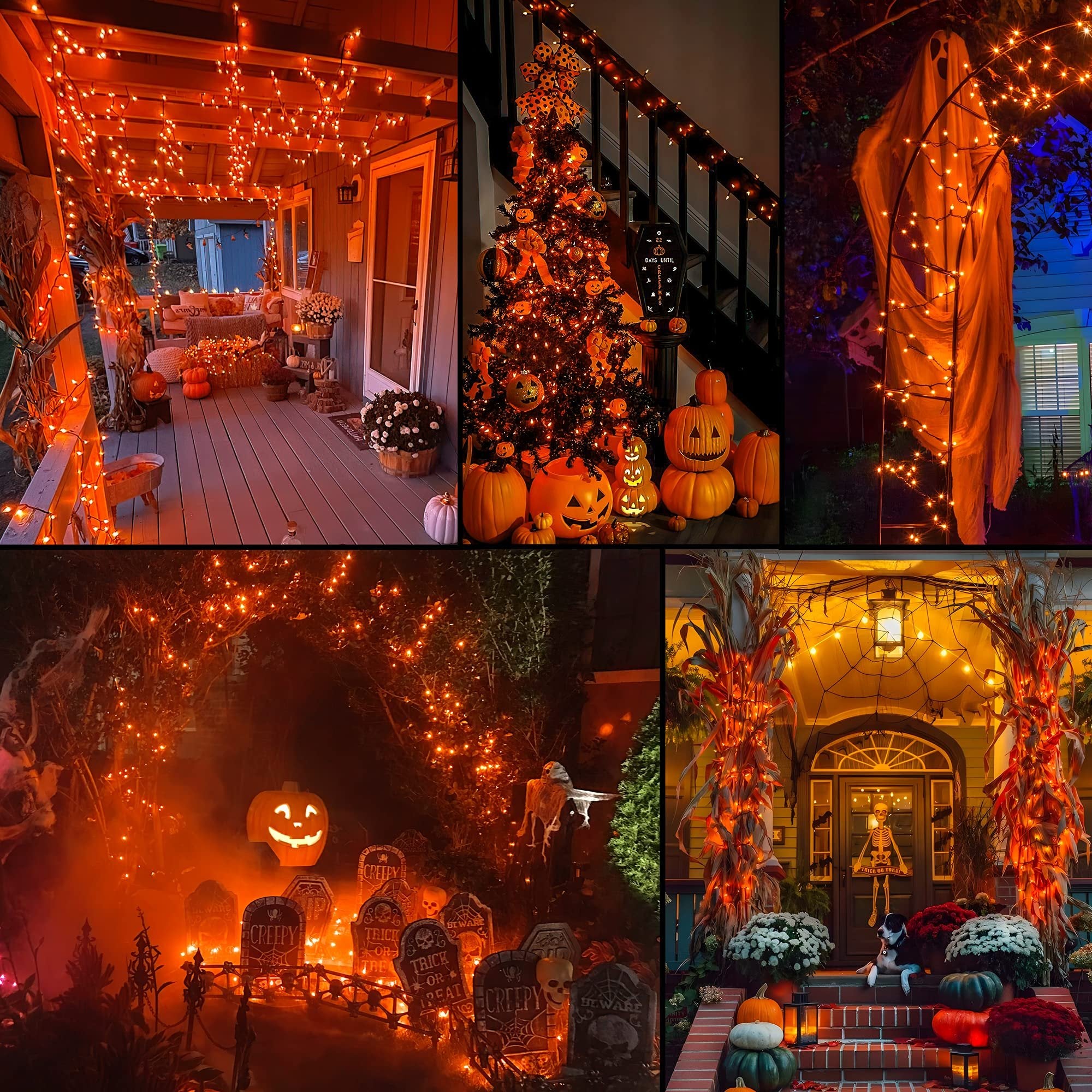 Collage of Halloween decorations featuring orange string lights on a porch, a decorated tree, a ghost figure, a spooky graveyard scene, and a decorated house entrance.