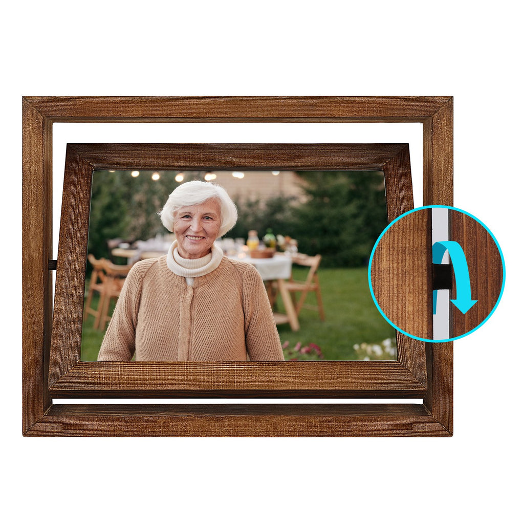 Wooden distressed rotating picture frame displaying a smiling woman at an outdoor gathering; inset shows rotation mechanism.