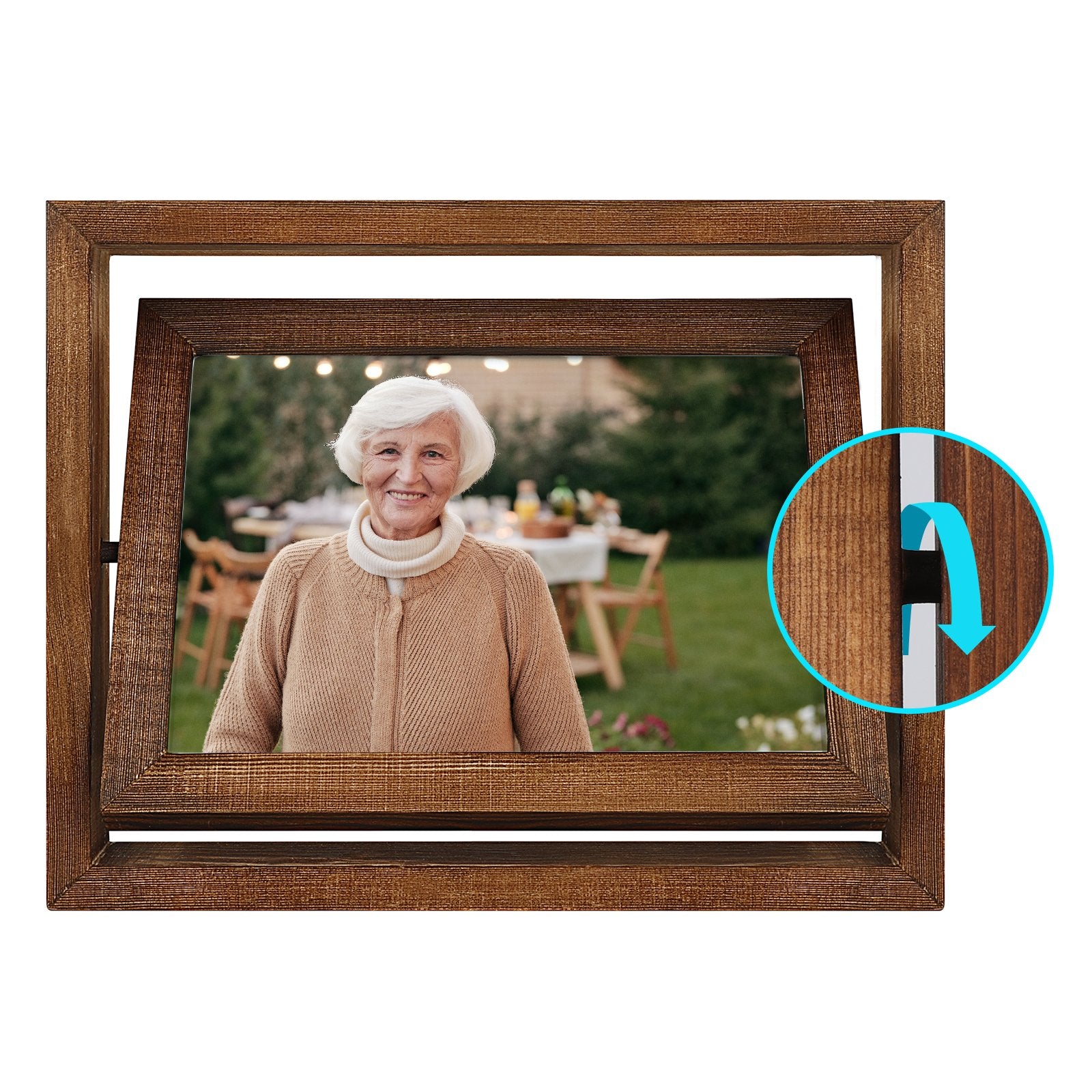 Wooden distressed rotating picture frame displaying a smiling woman at an outdoor gathering; inset shows rotation mechanism.