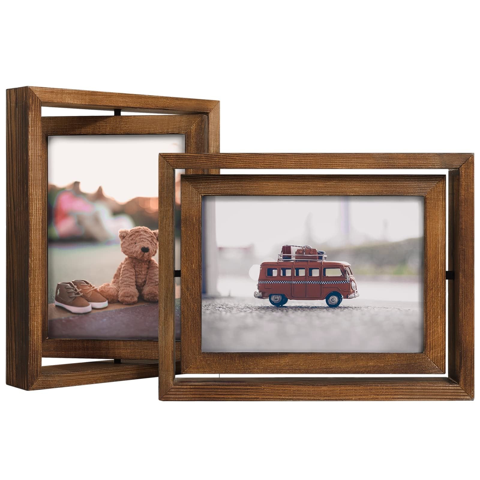 Two distressed wood rotating floating picture frames displaying photos of a teddy bear and toy van.