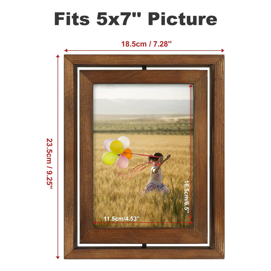 Wooden rotating picture frame showing a girl with balloons in a field, with dimensions overlaid.