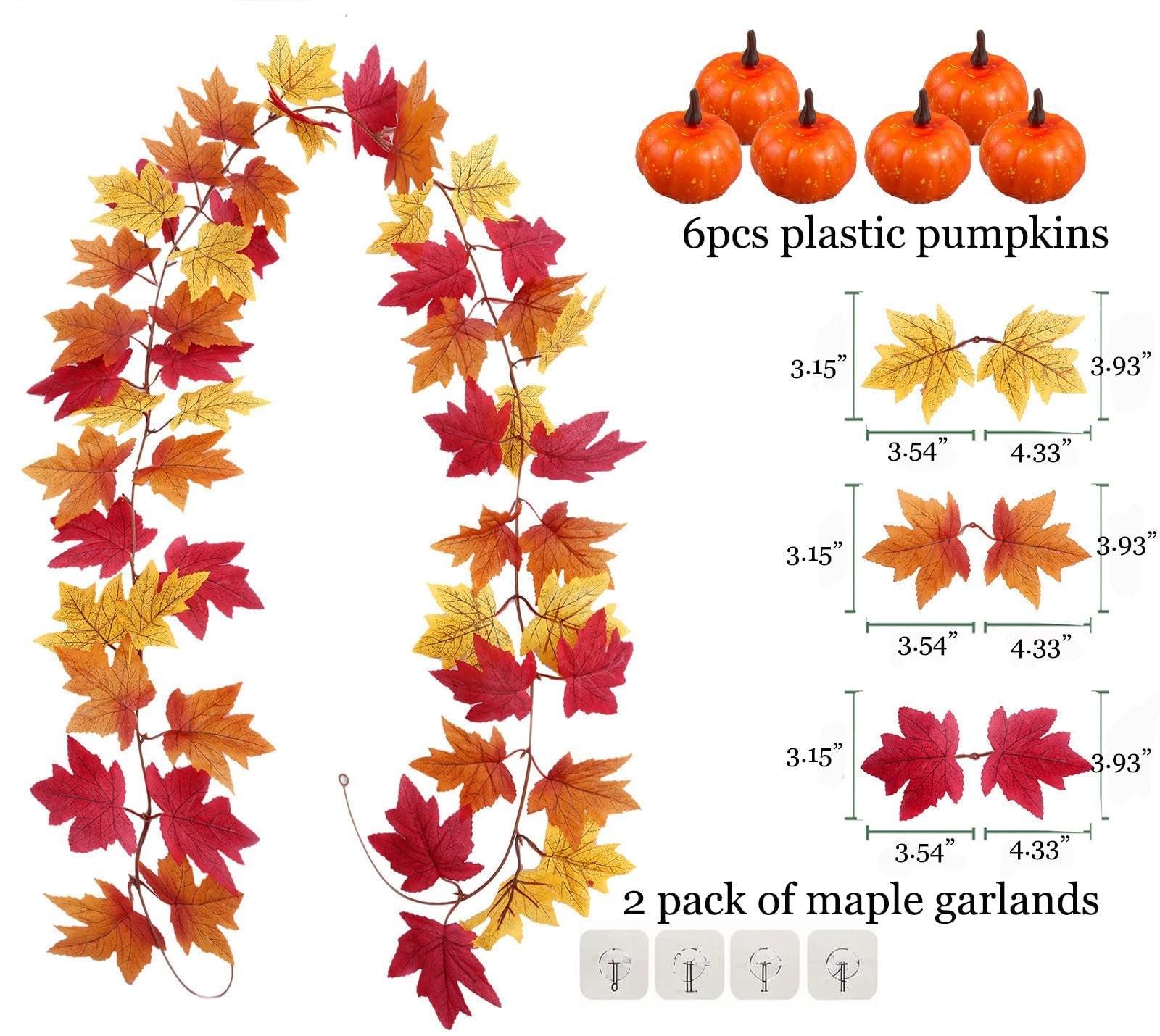 Two fall maple leaf garlands with red and orange leaves, alongside six plastic pumpkins and dimension callouts.