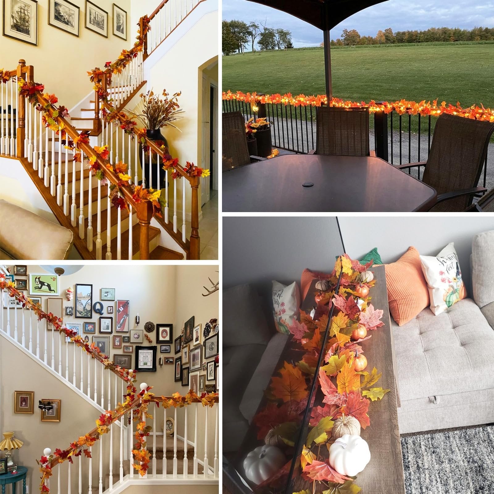 Four images showing fall leaf garlands with pumpkins decorating a staircase, patio railing, and coffee table.