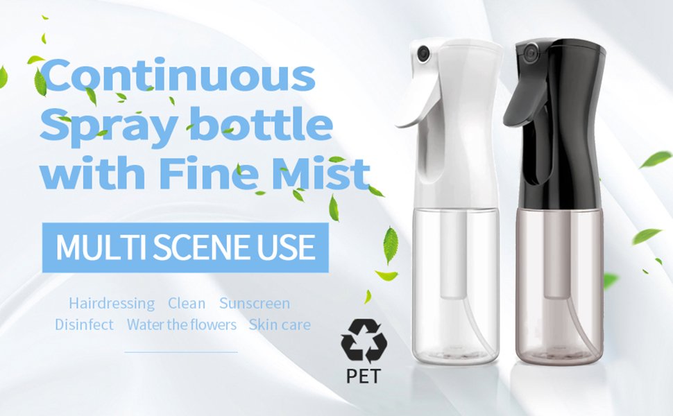 Two continuous mist spray bottles, one white and one black, with text overlays describing features and uses.