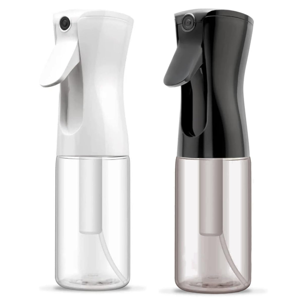 Two continuous mist spray bottles, one white and one black, shown side-by-side on a white background.
