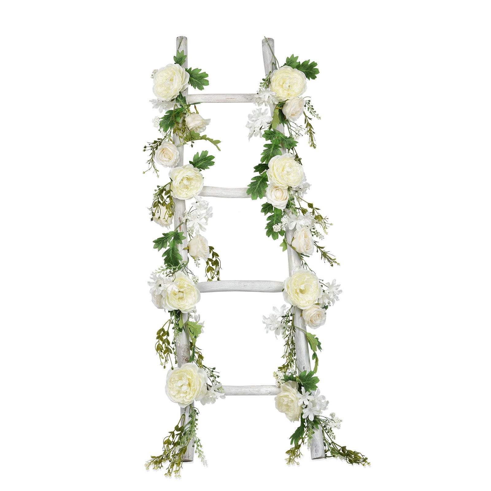 White wooden ladder decorated with artificial white peony flower garlands and greenery, isolated on white background.