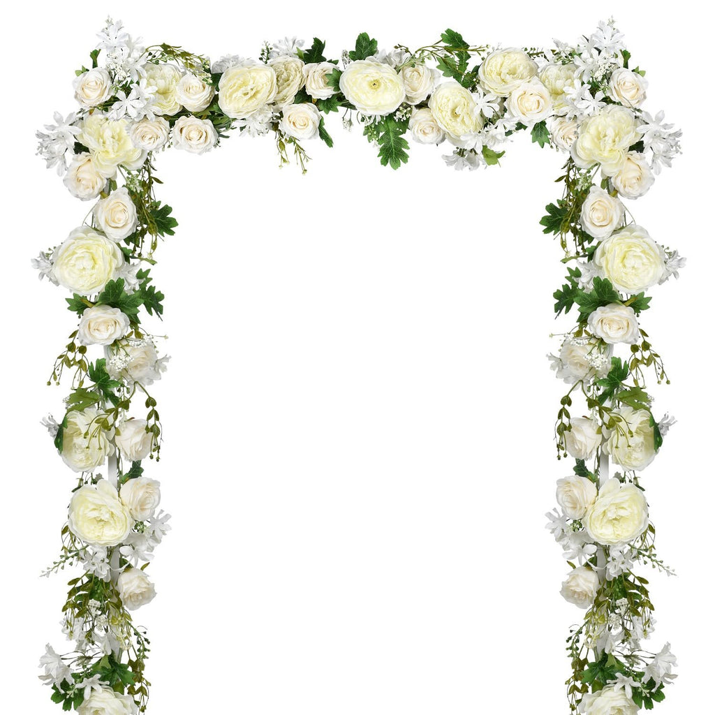 White artificial peony flower garland archway with green leaves on a white background