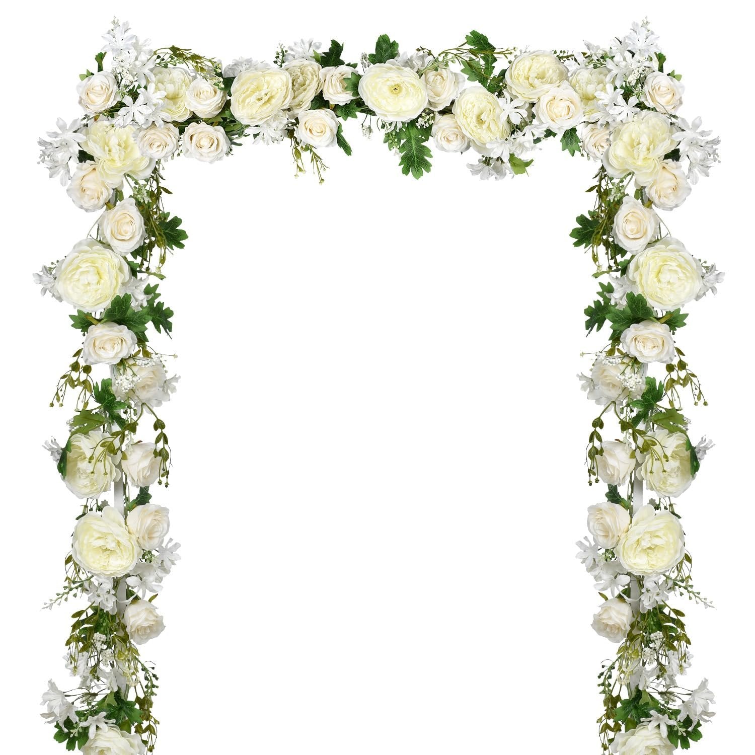White artificial peony flower garland archway with green leaves on a white background