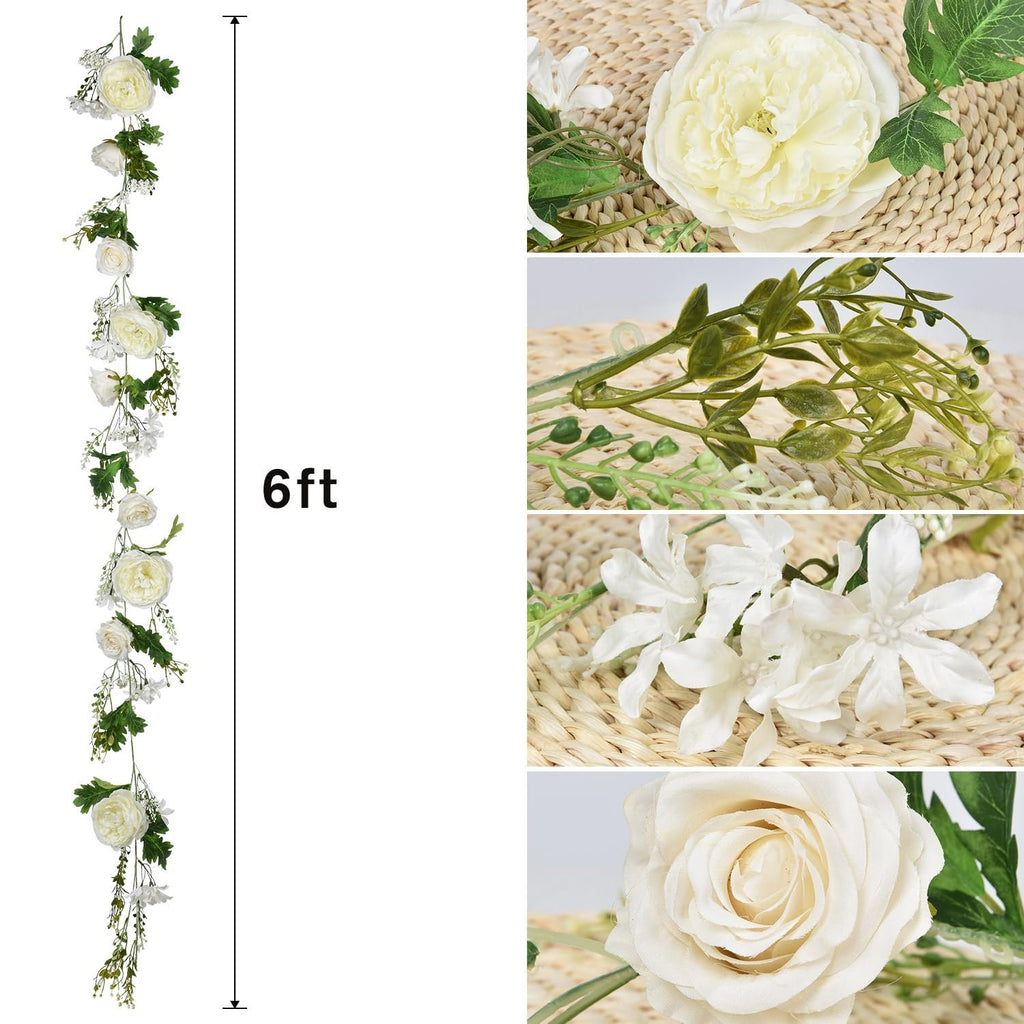 Six foot artificial silk peony flower garland with white roses and greenery