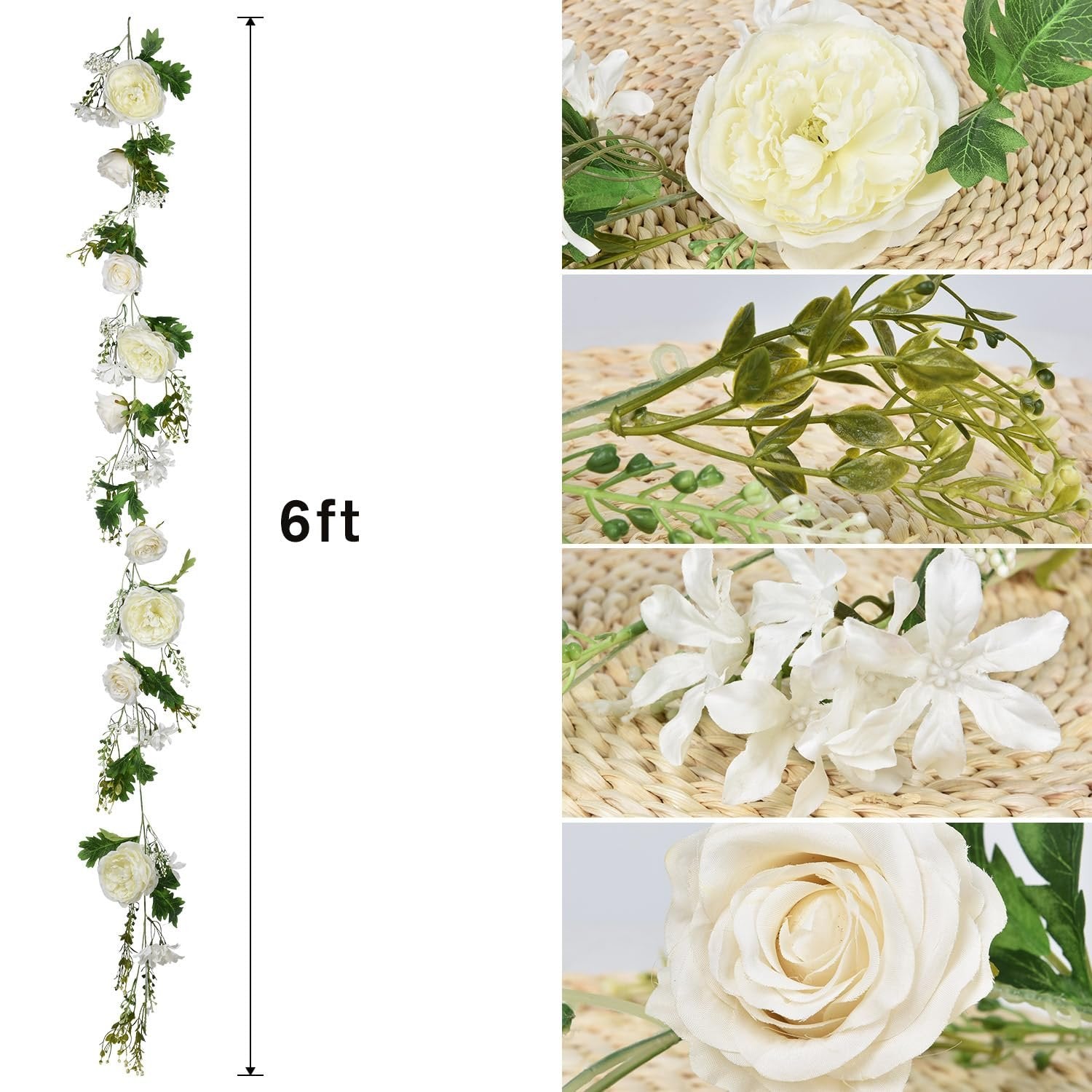 Six foot artificial silk peony flower garland with white roses and greenery