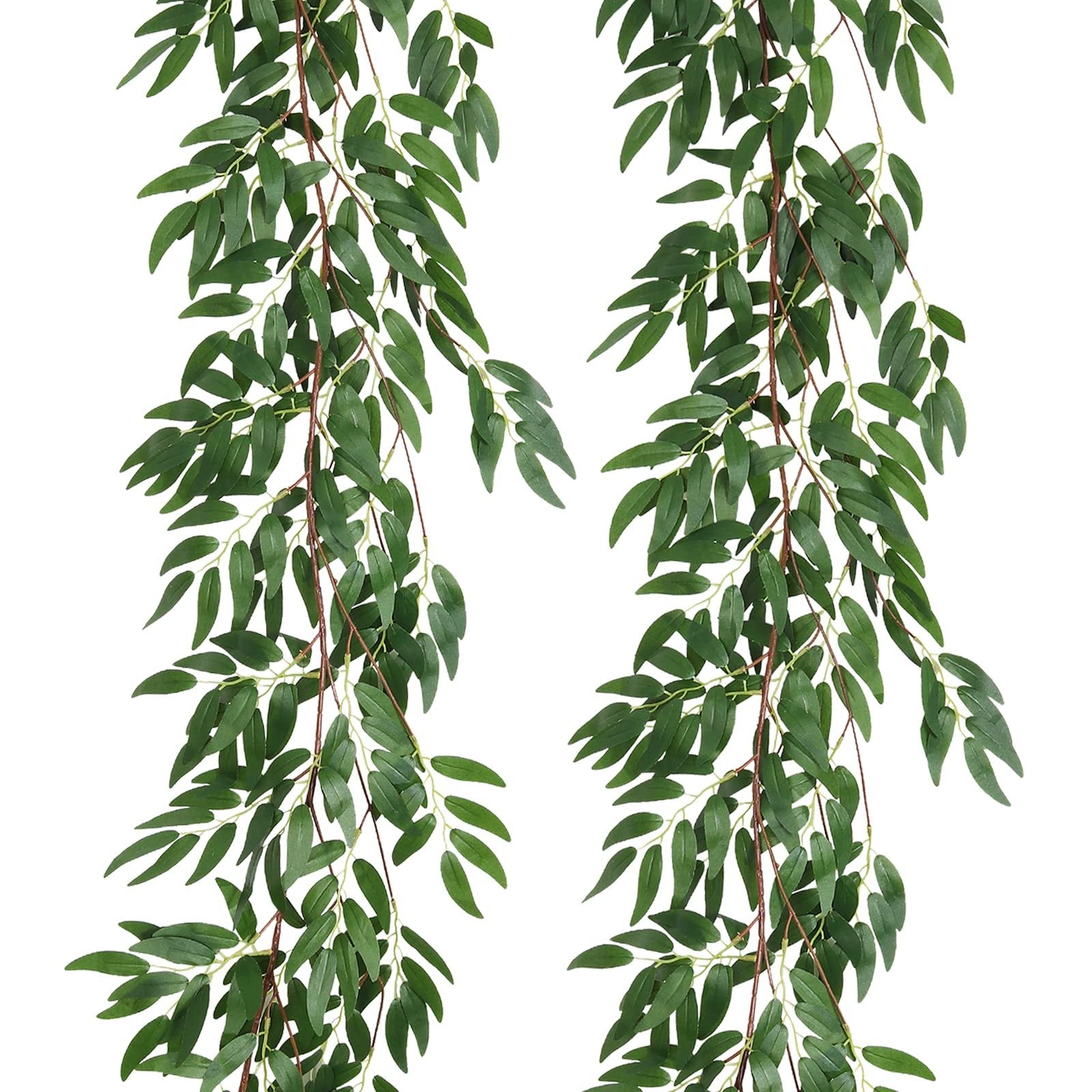 Two artificial willow vine garlands with green silk leaves and brown plastic stems against a white background.