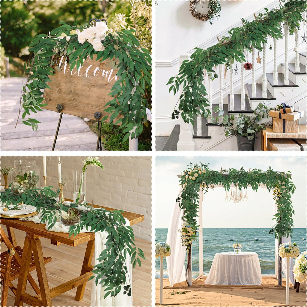 Collage of artificial willow vine garland decorating various scenes: a welcome sign, a staircase, a dining table, and a wedding arch on a beach.