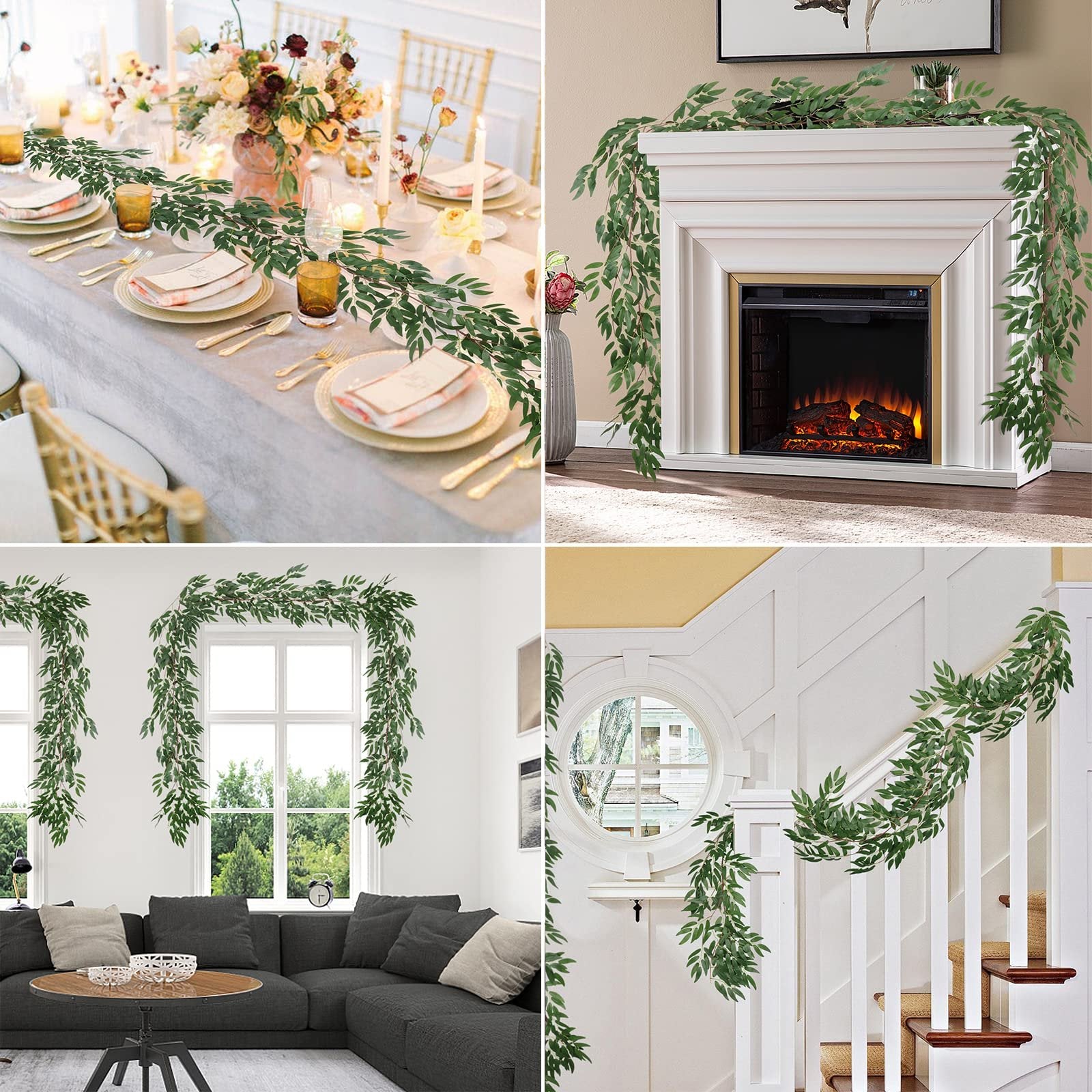 Four scenes showing artificial willow vine garland draped on a dining table, fireplace mantel, window, and staircase.