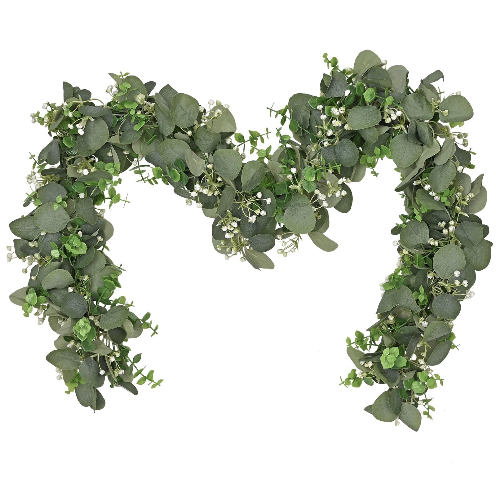 Artificial eucalyptus garland with small white flowers on a white background
