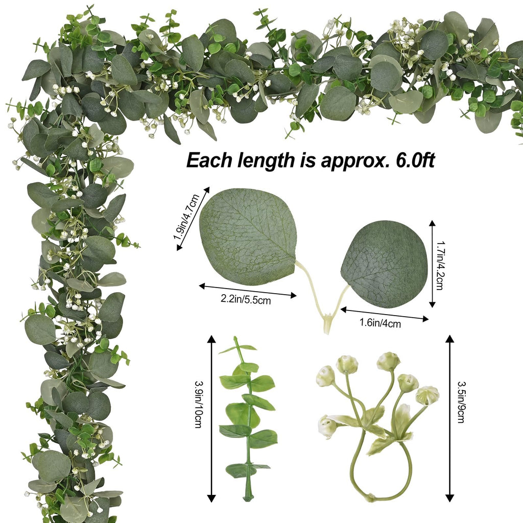 Artificial eucalyptus garland with detailed leaf and bud dimensions shown, each garland is approximately 6.0ft long.