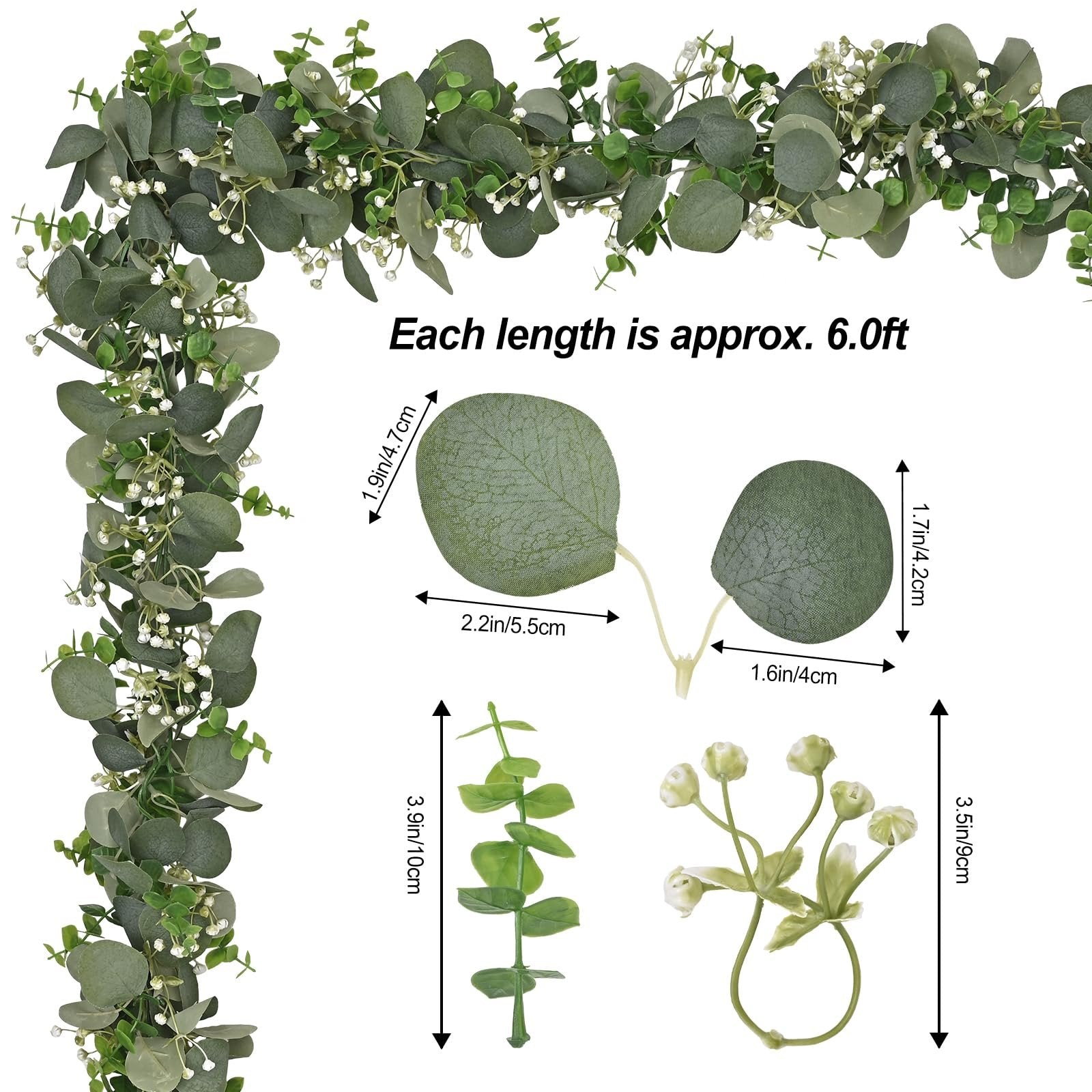 Artificial eucalyptus garland with detailed leaf and bud dimensions shown, each garland is approximately 6.0ft long.
