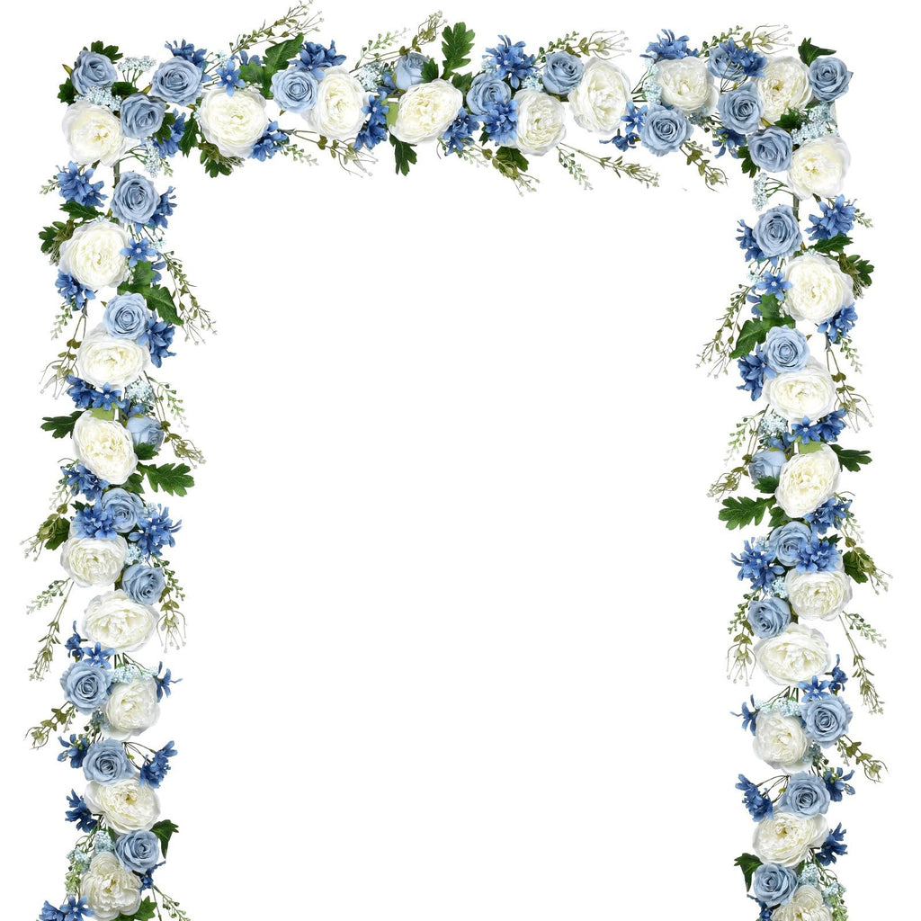 Artificial blue and white peony garland arranged in an arch shape on a white background