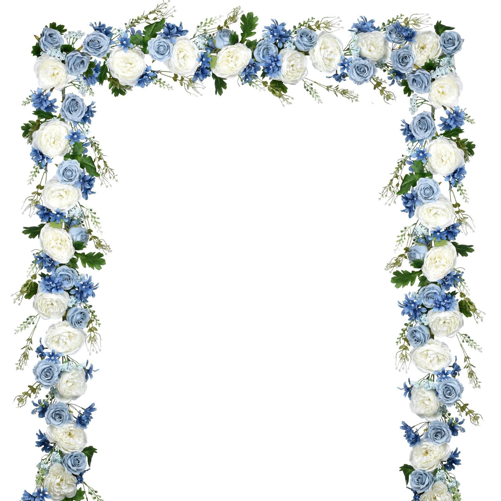 Artificial blue and white peony garland arranged in an arch shape on a white background