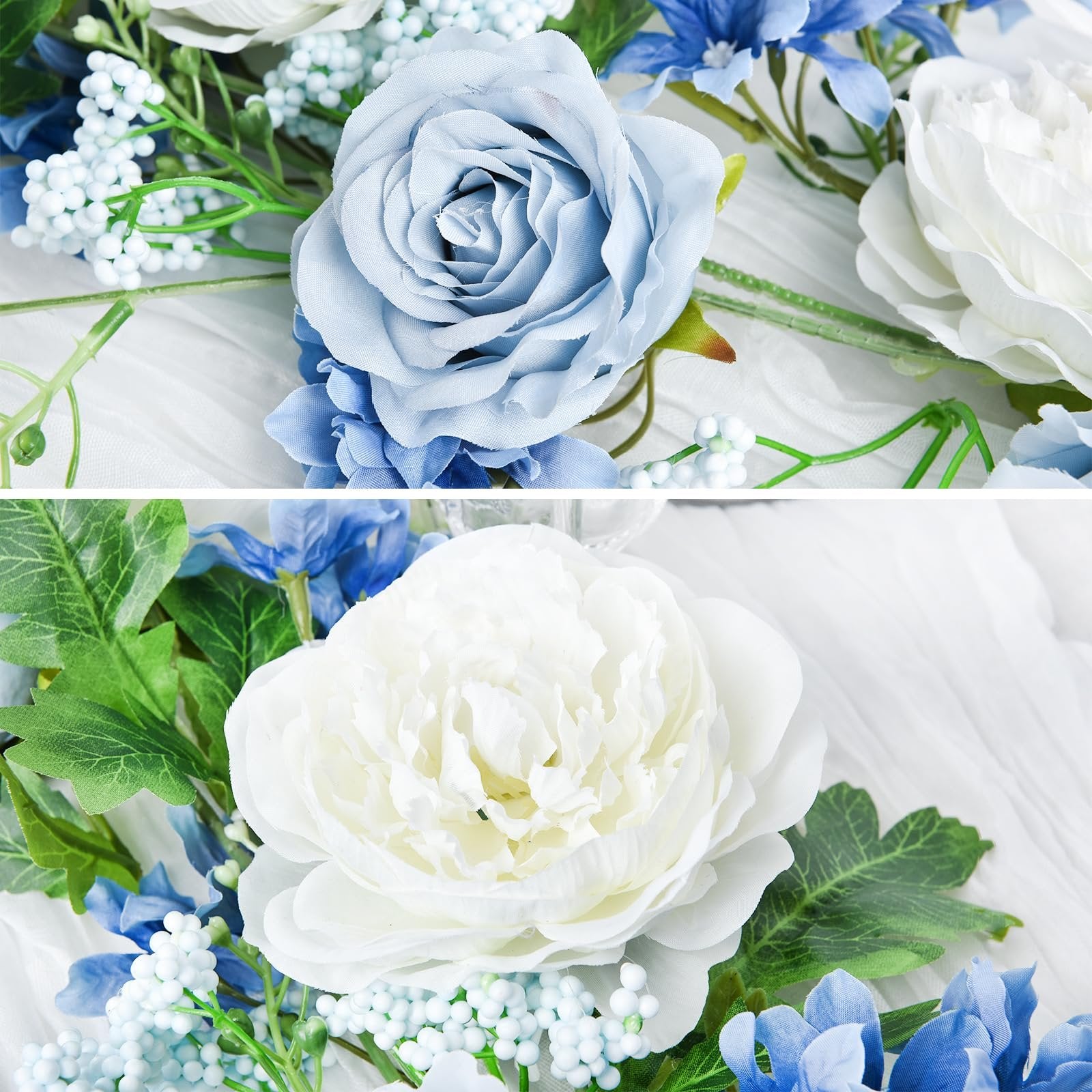 Close-up of artificial silk peony garland with blue and white flowers and green leaves on white fabric