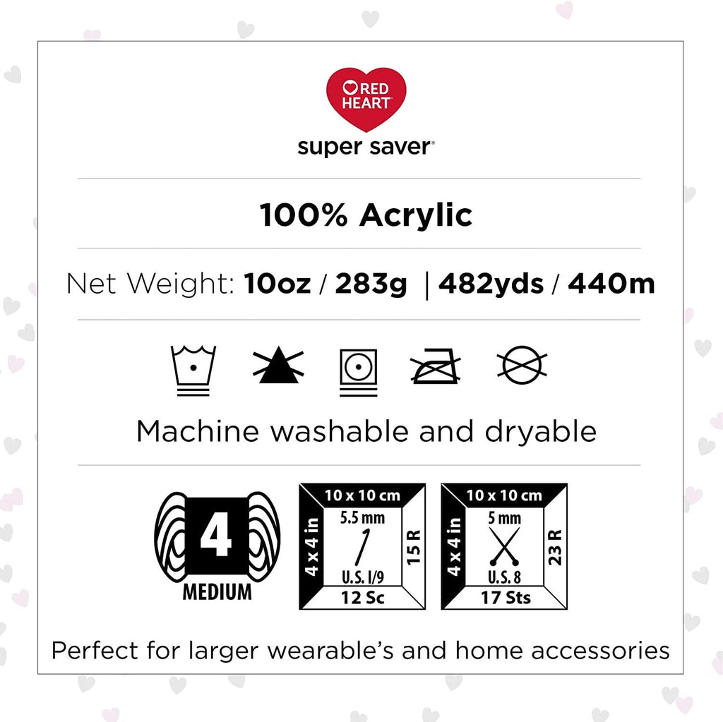 Super Saver yarn label showing 100% acrylic, net weight, yardage, care instructions, and gauge information.