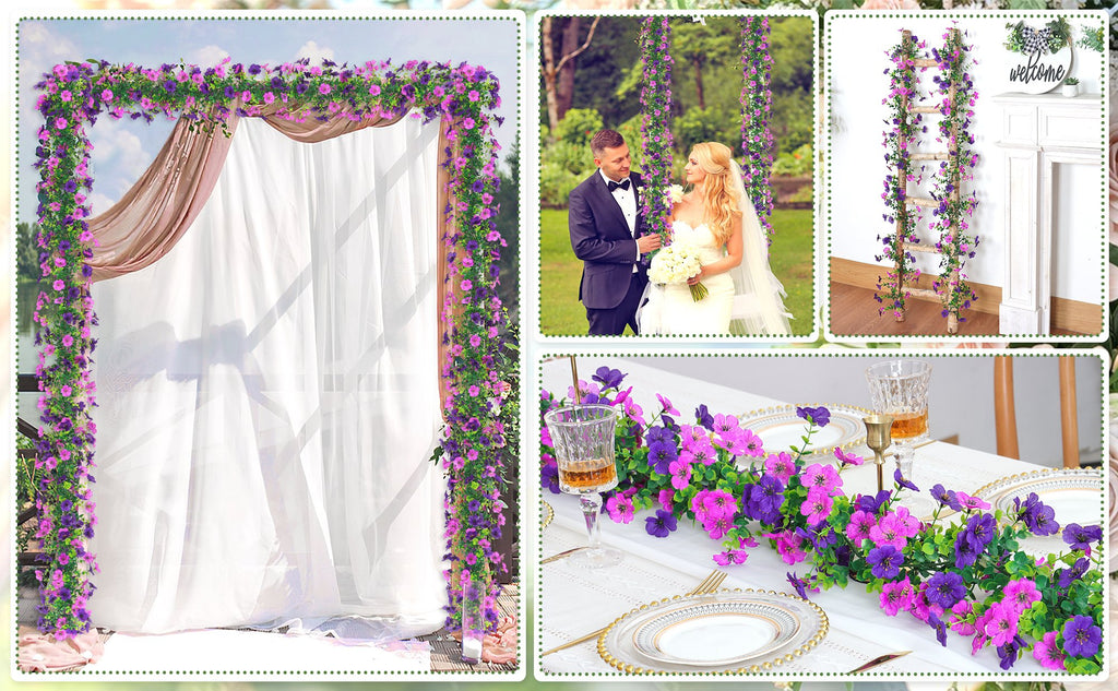 Collage of artificial daisy flower garlands used for wedding decor, including an arch, a couple, a ladder, and a table setting.