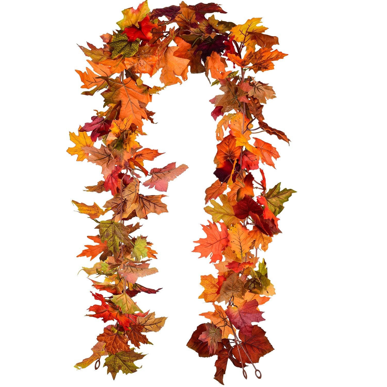 Artificial fall maple leaf garland with mixed autumn colors on a white background.