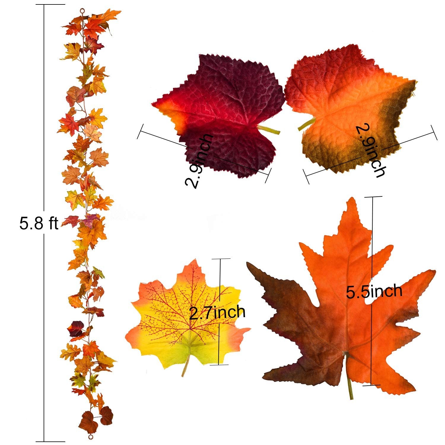 Artificial fall maple leaf garland with close-ups of individual leaves showing dimensions.
