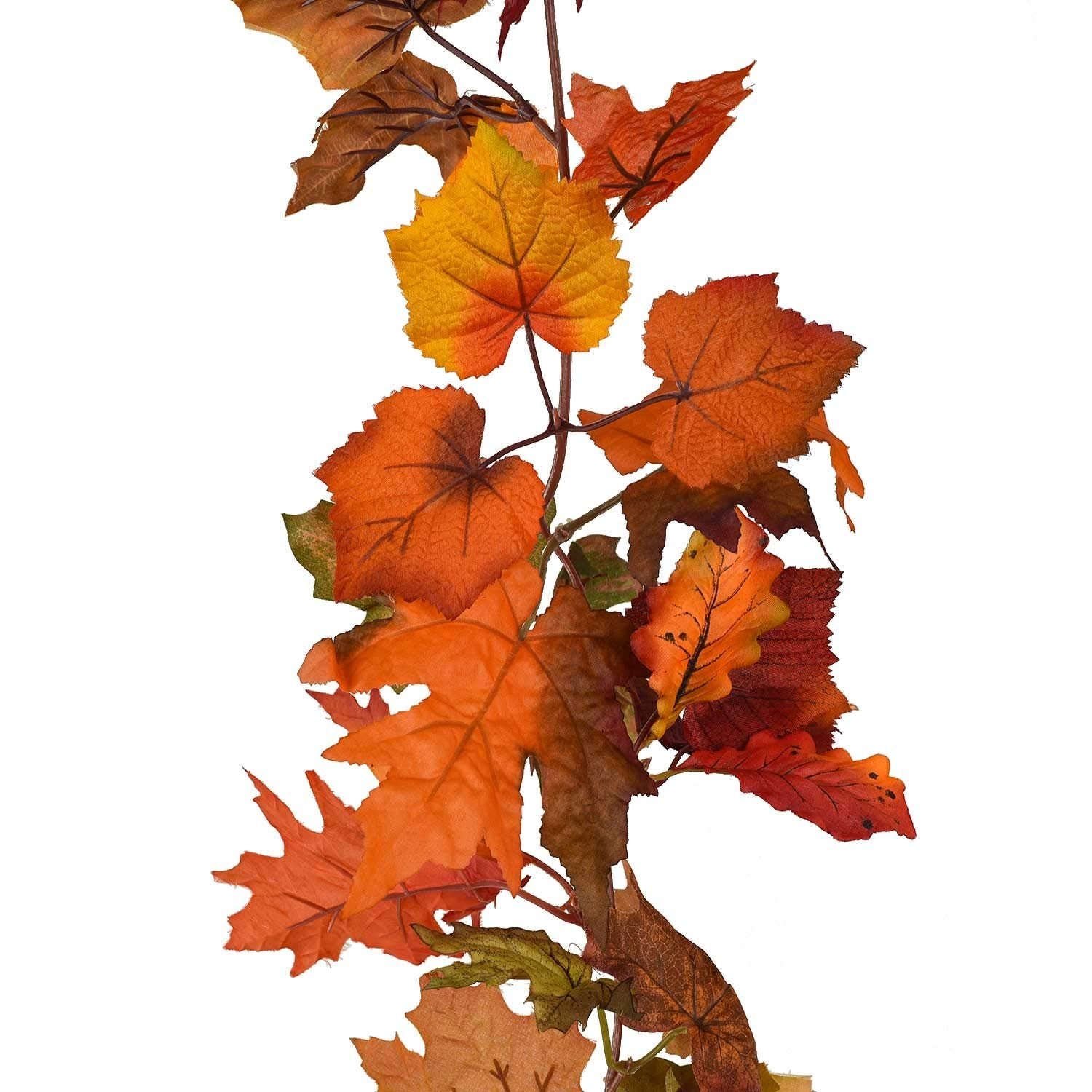 Artificial fall maple leaf garland with mixed autumn colors on a white background, close-up view.