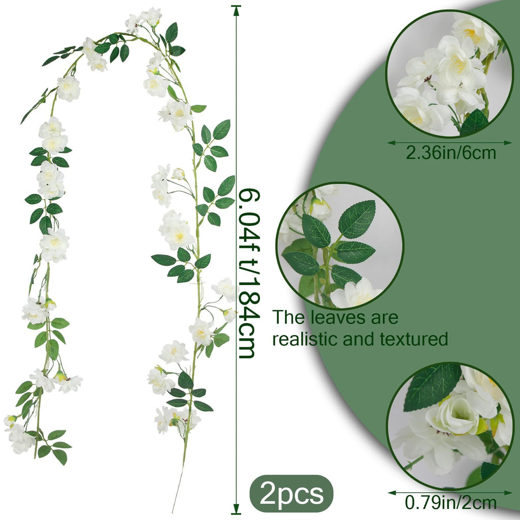 Two artificial gardenia garlands with white flowers and green leaves, shown with measurement callouts and detail shots.