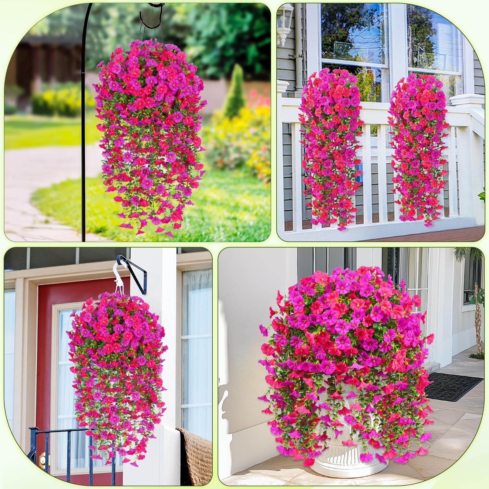 Two hanging baskets overflowing with fuchsia and rose red artificial petunia flowers, displayed outdoors on a porch and railing.