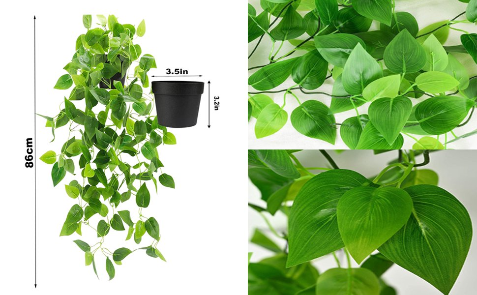 Two artificial hanging plants with black pots, showing dimensions and close-ups of green leaves.