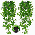 Two artificial hanging plants with green ivy vines in black pots, inset shows close-up of one pot.
