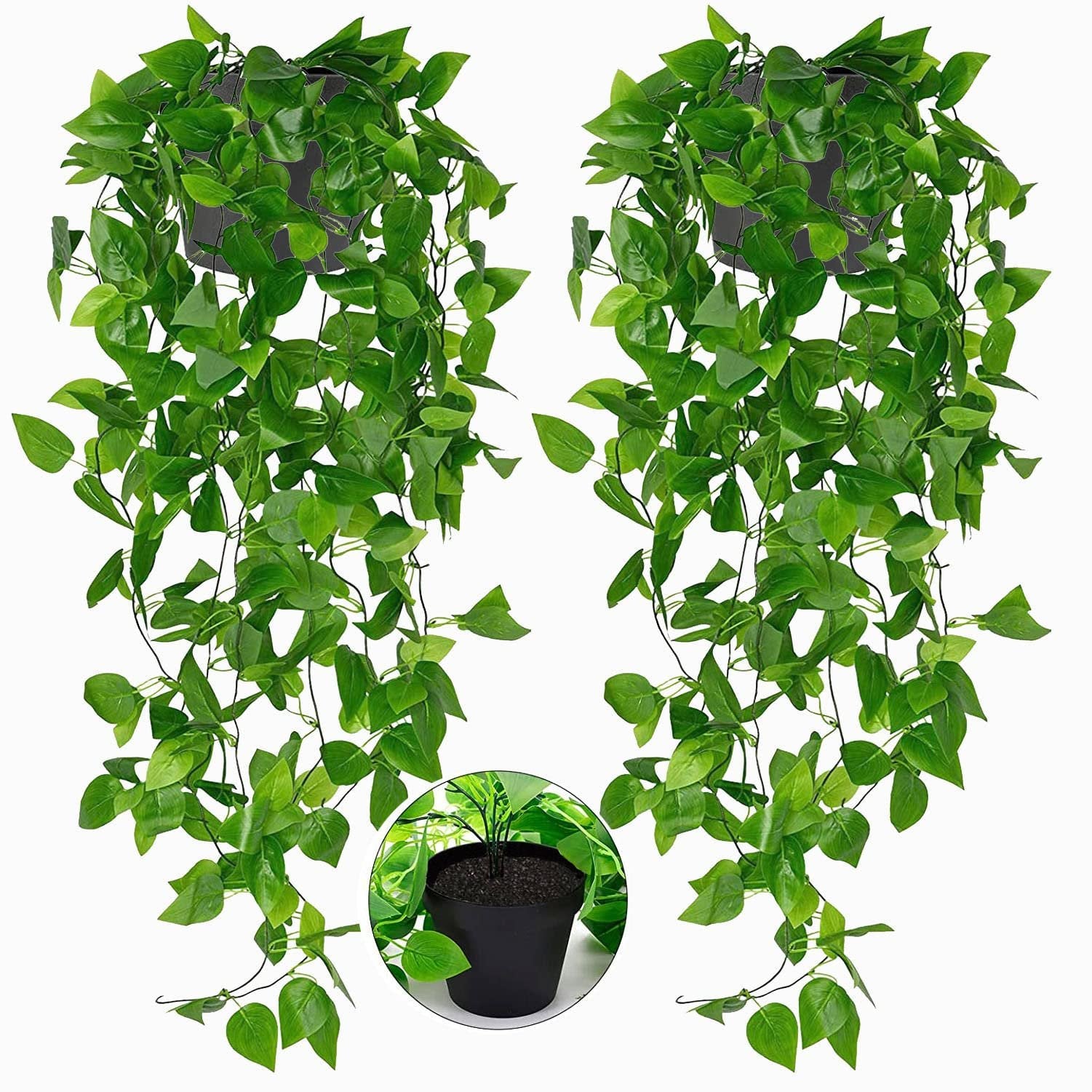 Two artificial hanging plants with green ivy vines in black pots, inset shows close-up of one pot.