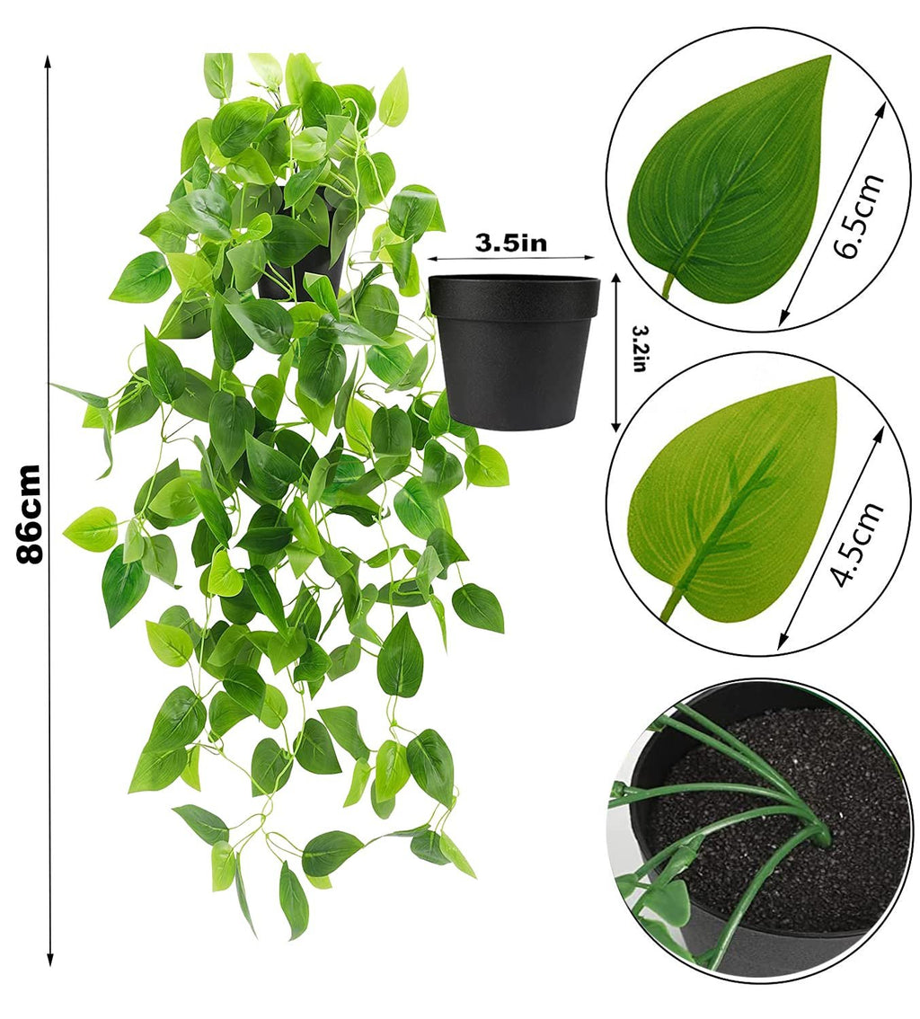Artificial hanging plant with black pot, showing dimensions of pot and leaves, and plant length of 86cm.