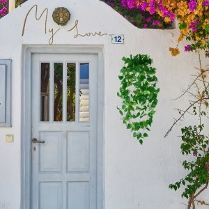 Artificial ivy hanging vine with green leaves against a white wall with a blue door.