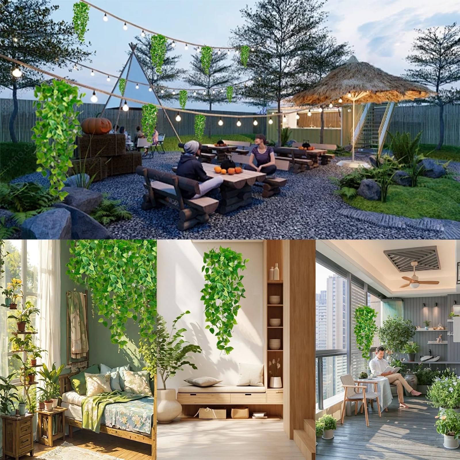 Collage of artificial ivy vines used for decoration in various settings, including outdoor patios and indoor rooms.