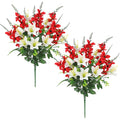 Two artificial flower arrangements with red and white lilies and gladiolus on white background