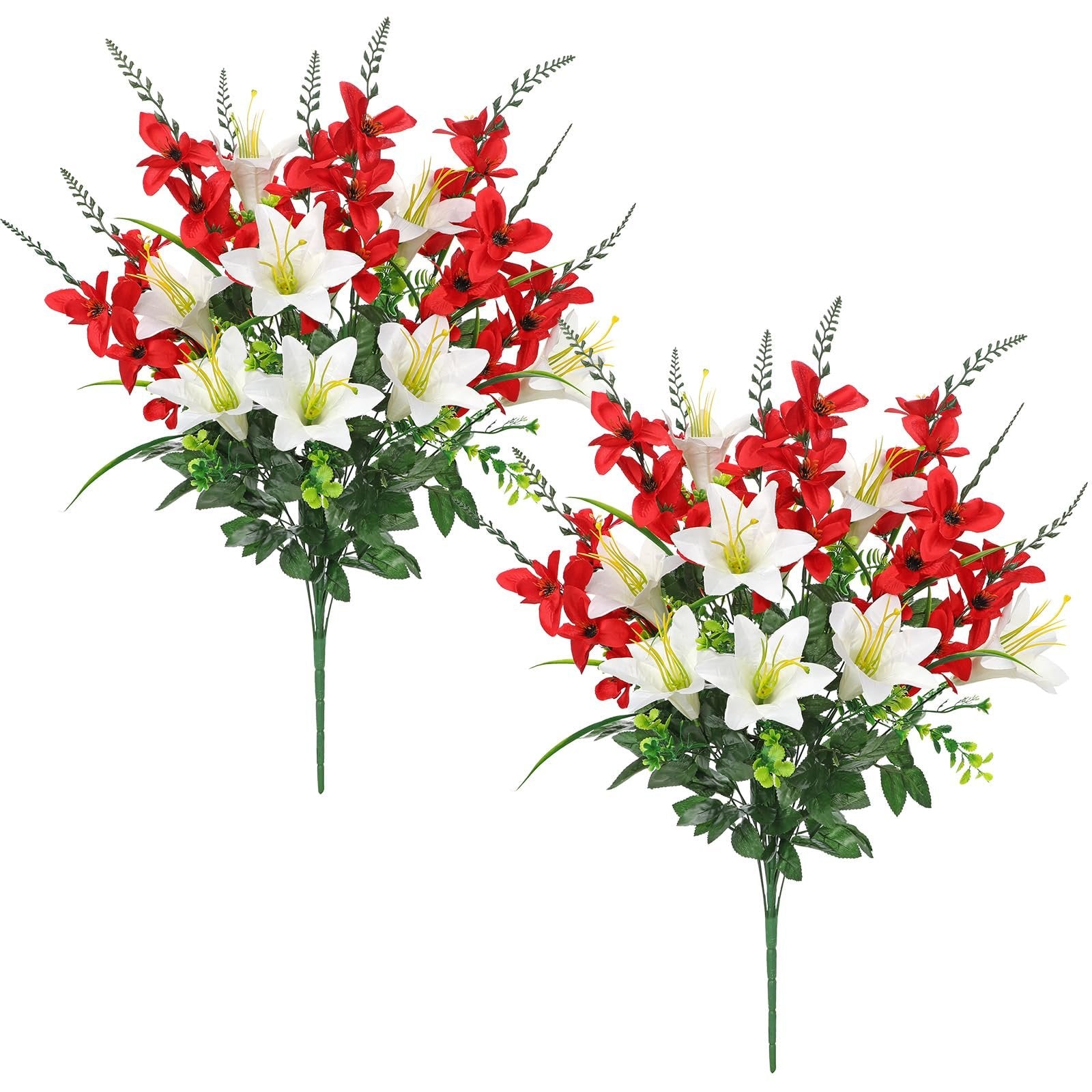 Two artificial flower arrangements with red and white lilies and gladiolus on white background