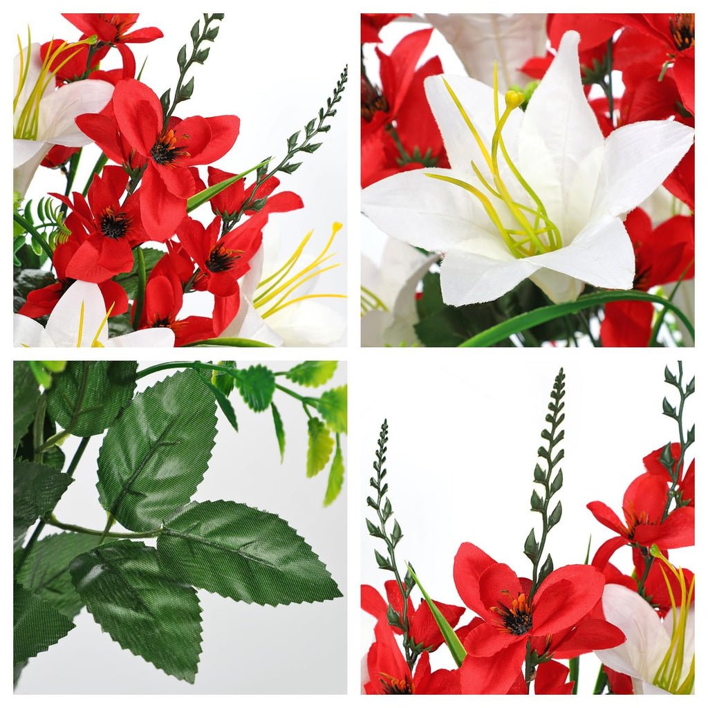 Collage of artificial red and white lily and gladiolus flowers with green leaves.