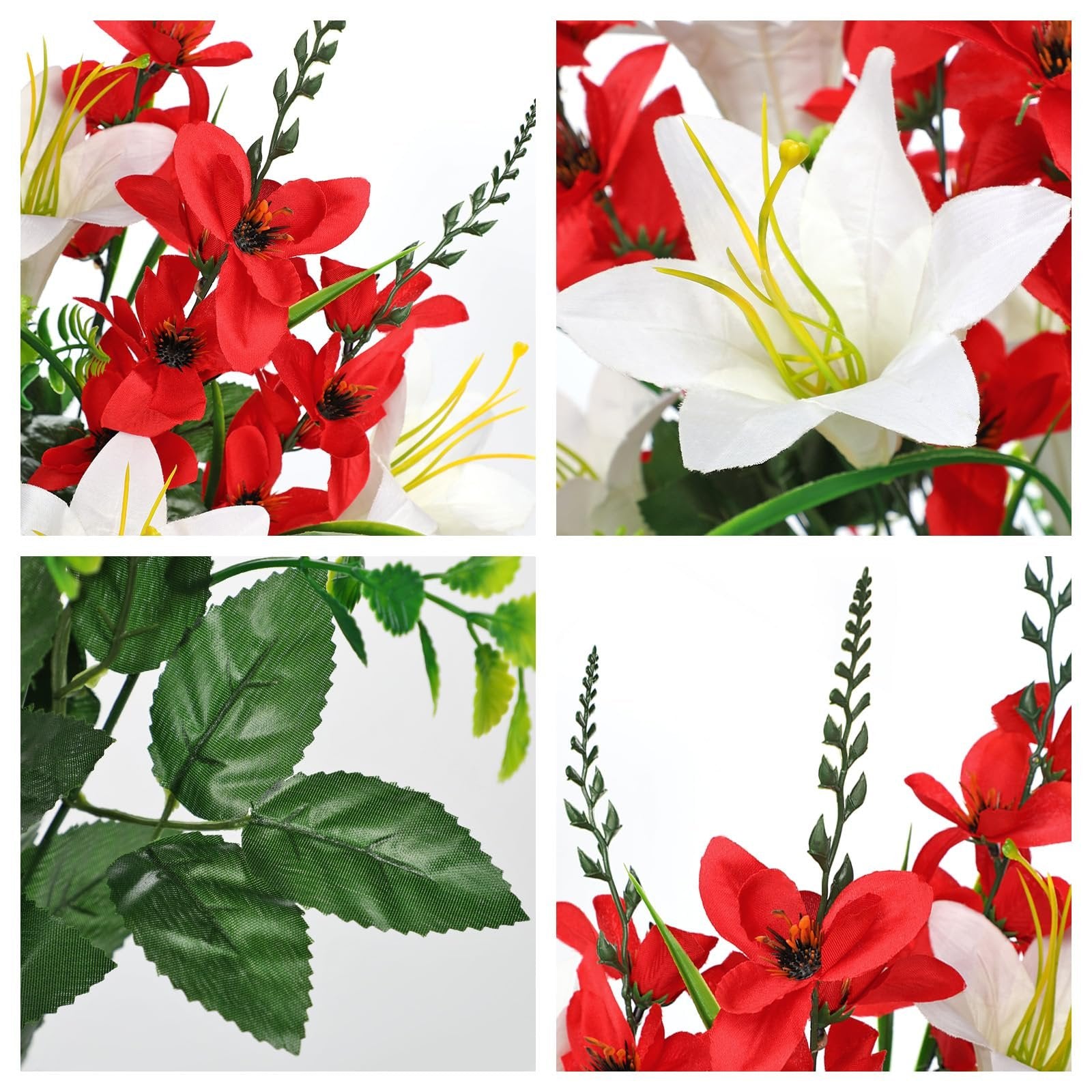 Collage of artificial red and white lily and gladiolus flowers with green leaves.