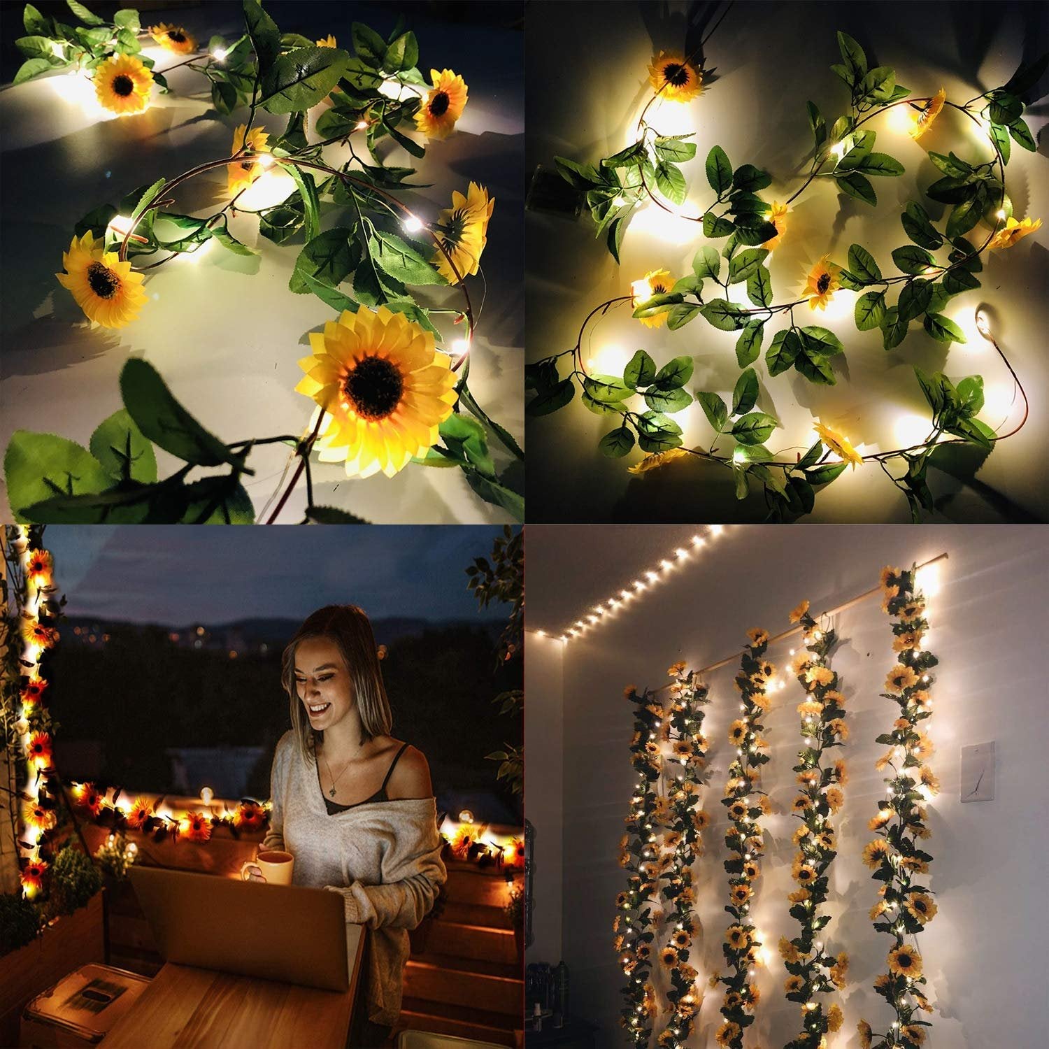 Artificial sunflower garland with LED string lights draped and hung on walls and balcony.