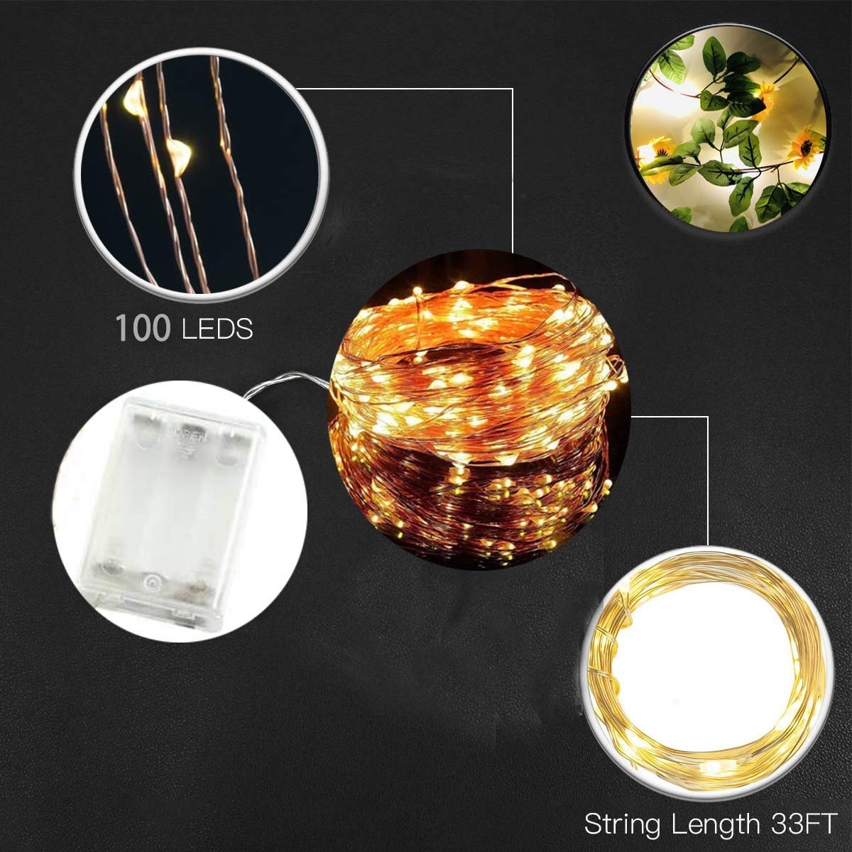 Collage of LED string lights and sunflowers: close-up of 100 LEDs, battery pack, coiled string lights, and a garland with sunflowers and leaves.