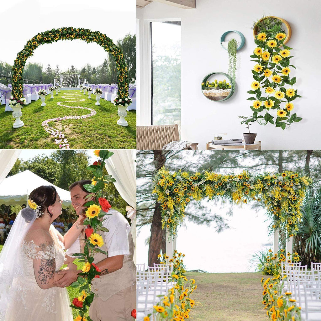 Artificial sunflower garlands with LED lights decorating wedding arches and walls