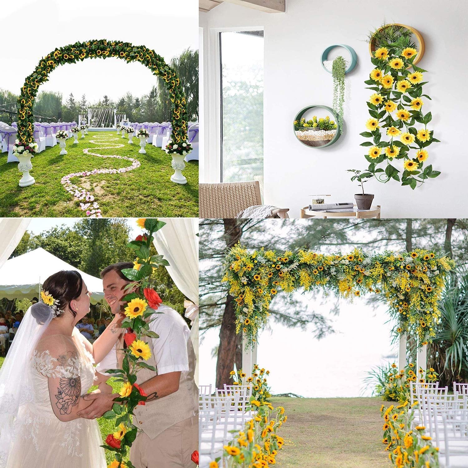 Artificial sunflower garlands with LED lights decorating wedding arches and walls