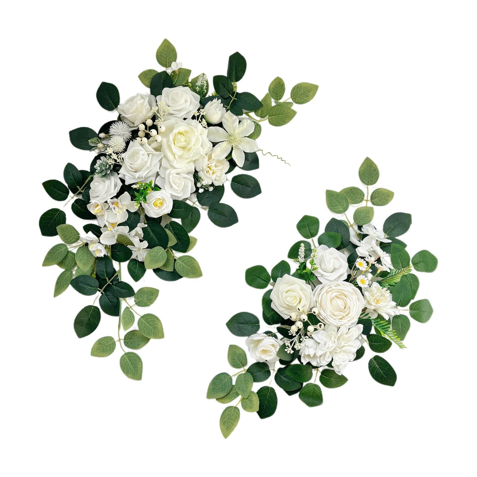 Two white artificial flower garlands with green leaves, arranged diagonally on a white background.