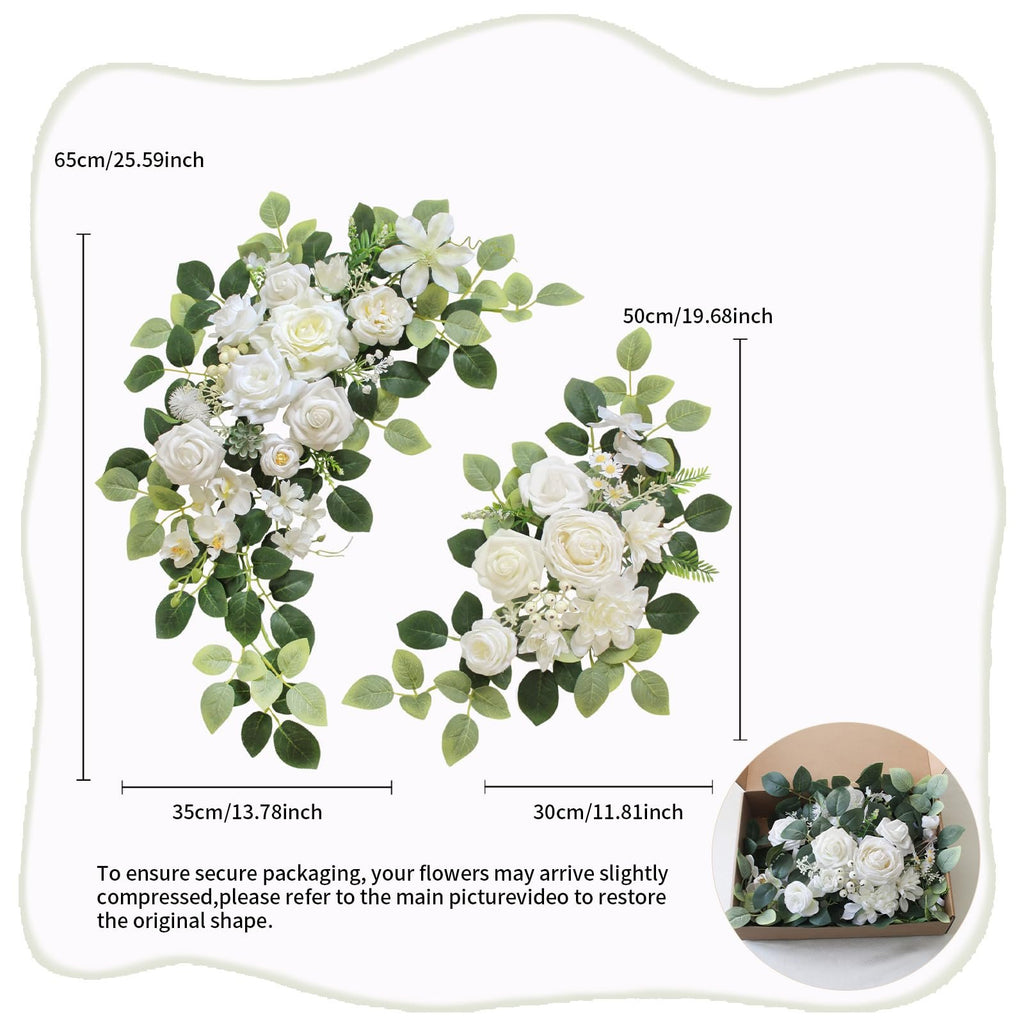 Two white artificial wedding arch flower garlands with green leaves, shown with dimensions and in a box.